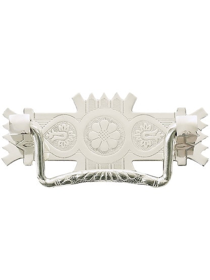 Eastlake-Style Brass Bail Pull ‚Äì 2 ¬Ω‚Äù Center-to-Center in Polished Nickel.